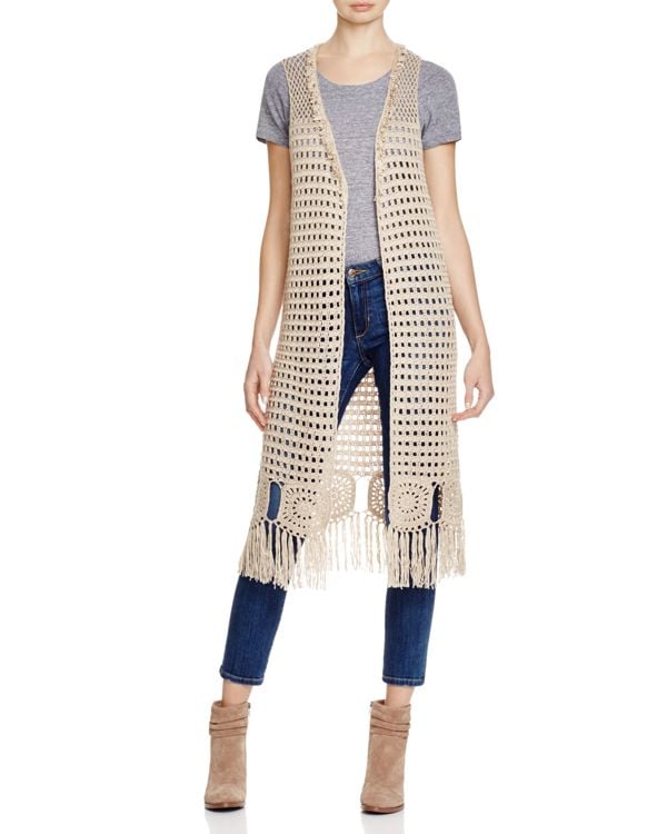 Long sleeveless crochet vest for women