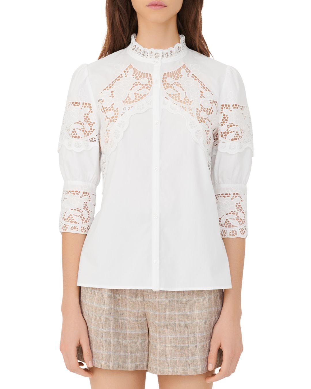 Maje Cebella Lace Trim Cotton Shirt in White | Lyst
