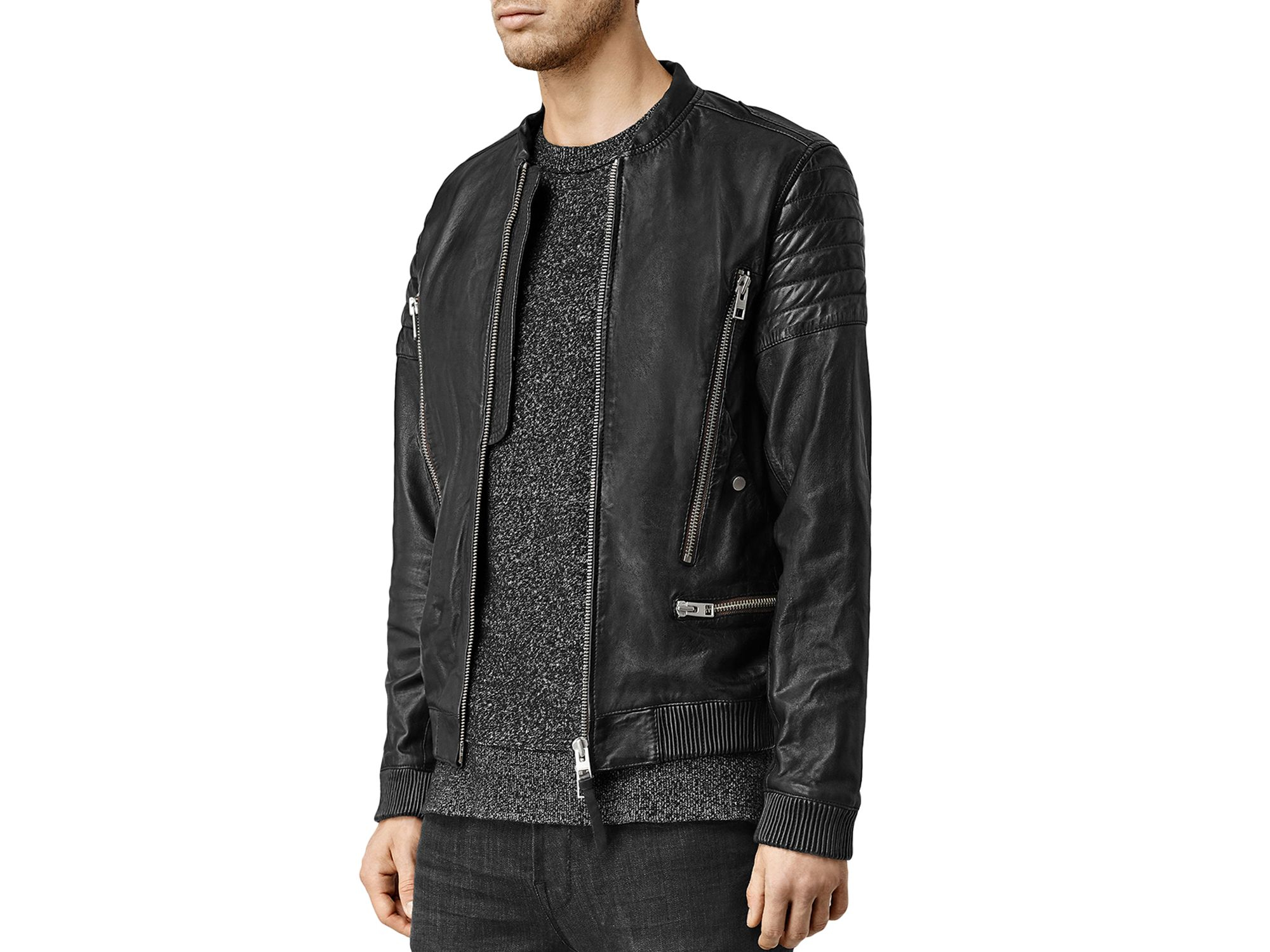 Allsaints Sanderson Leather Slim Fit Moto Bomber Jacket in Black for