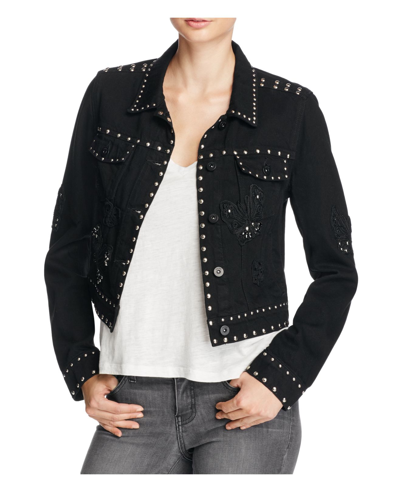 PAIGE Vivienne Embellished Cropped Denim Jacket in Black