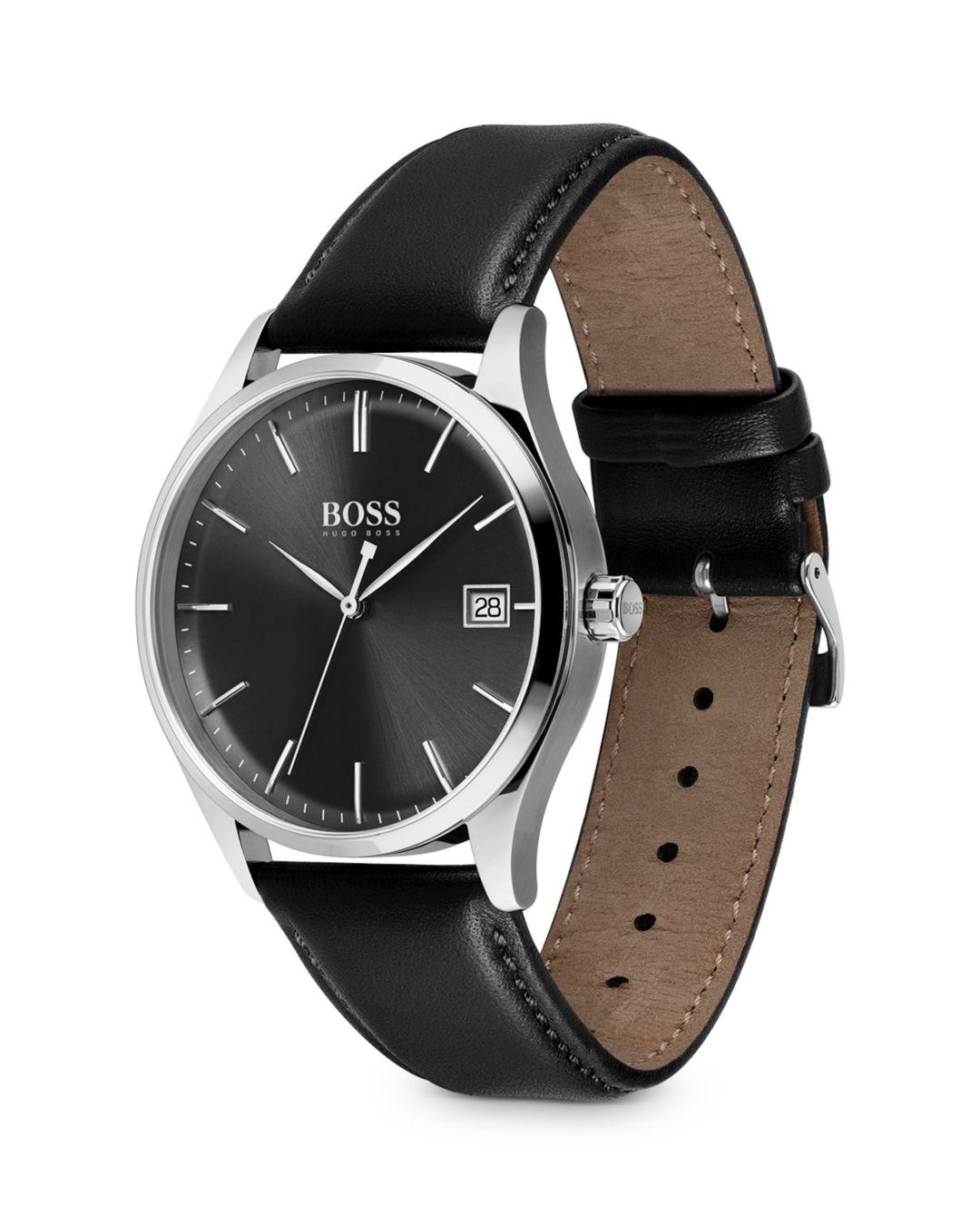 BOSS by HUGO BOSS Commissioner Leather Strap Watch in Silver (Black) for  Men - Lyst