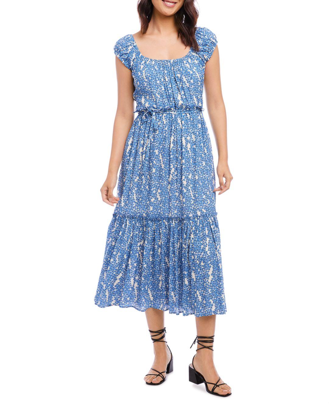 Karen Kane Floral Puff Sleeve Tiered Midi Dress in Blue | Lyst