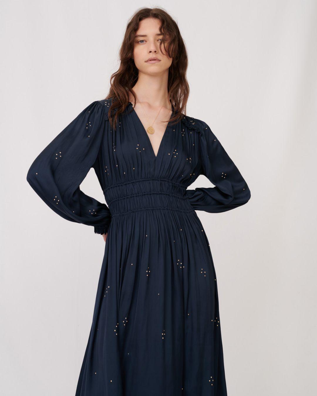 Maje Rianni Studded Smocked Dress in Blue | Lyst