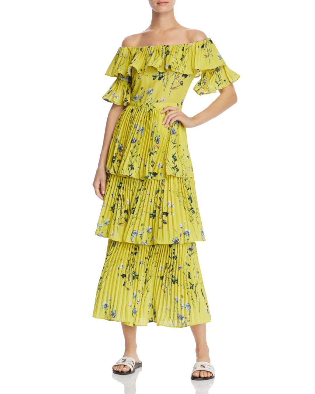 Aqua Pleated Tiered Floral Maxi Dress in Yellow - Lyst