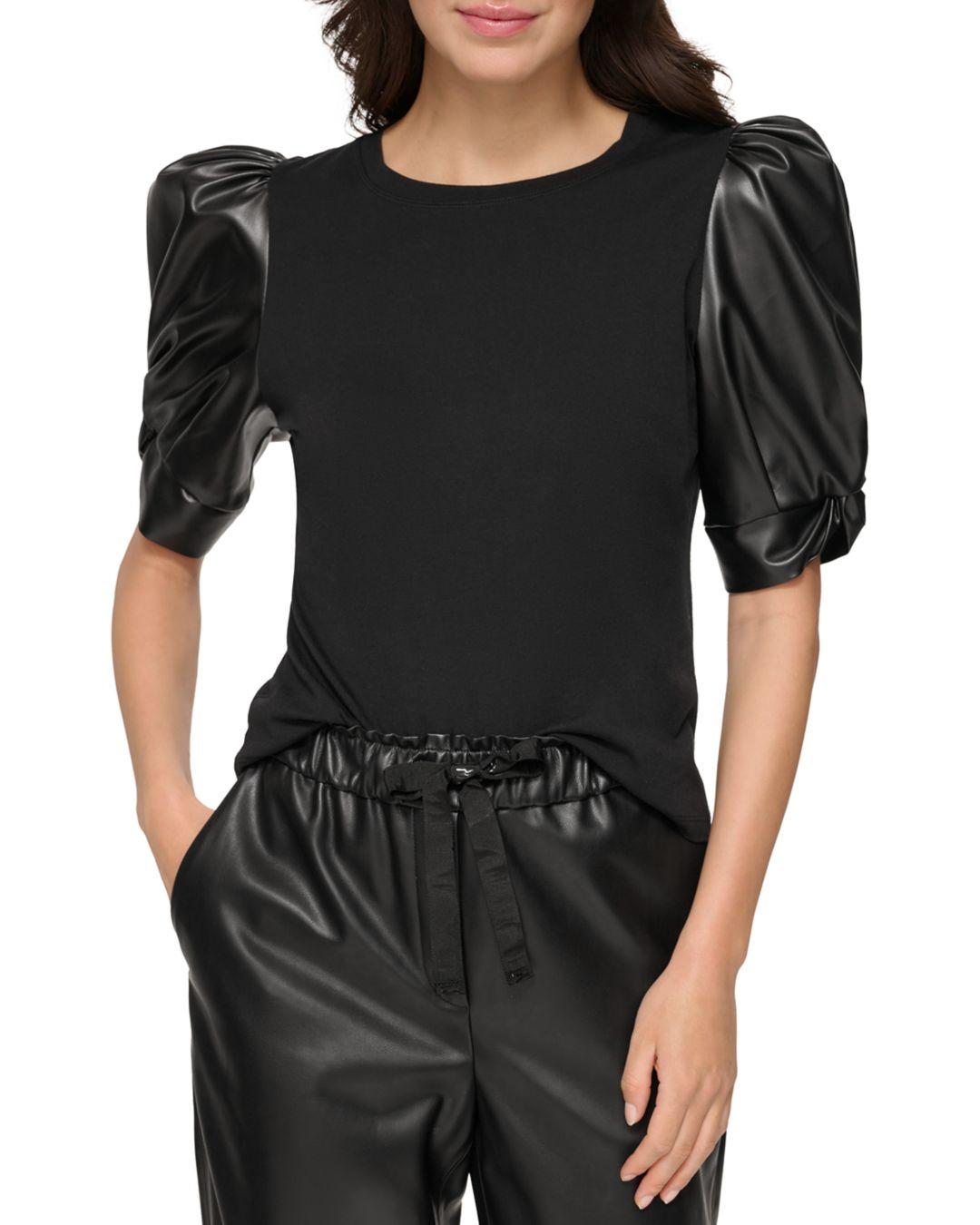 DKNY Faux Leather Puff Sleeve Top in Black Lyst