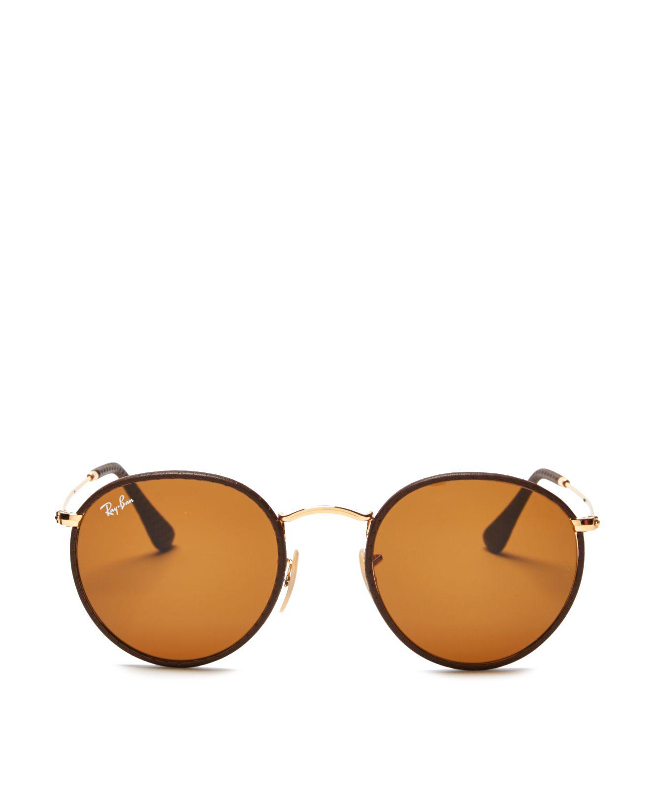 RayBan Leatherwrapped Round Sunglasses in Brown Lyst