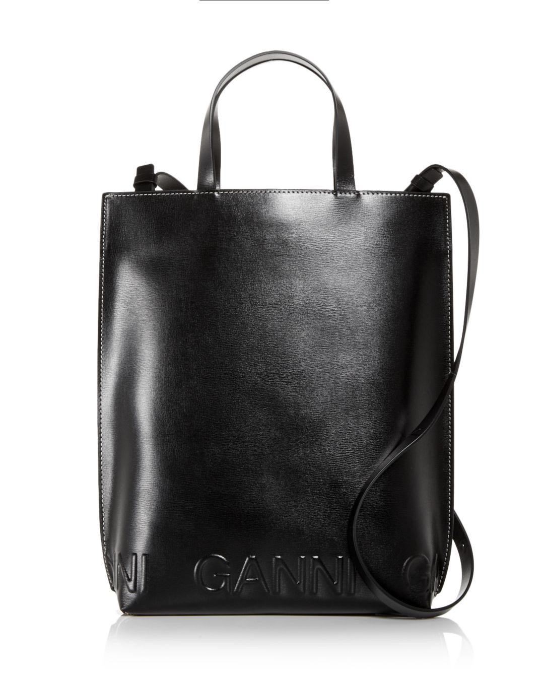 Ganni Banner Recycled Leather Medium Tote in Black - Lyst