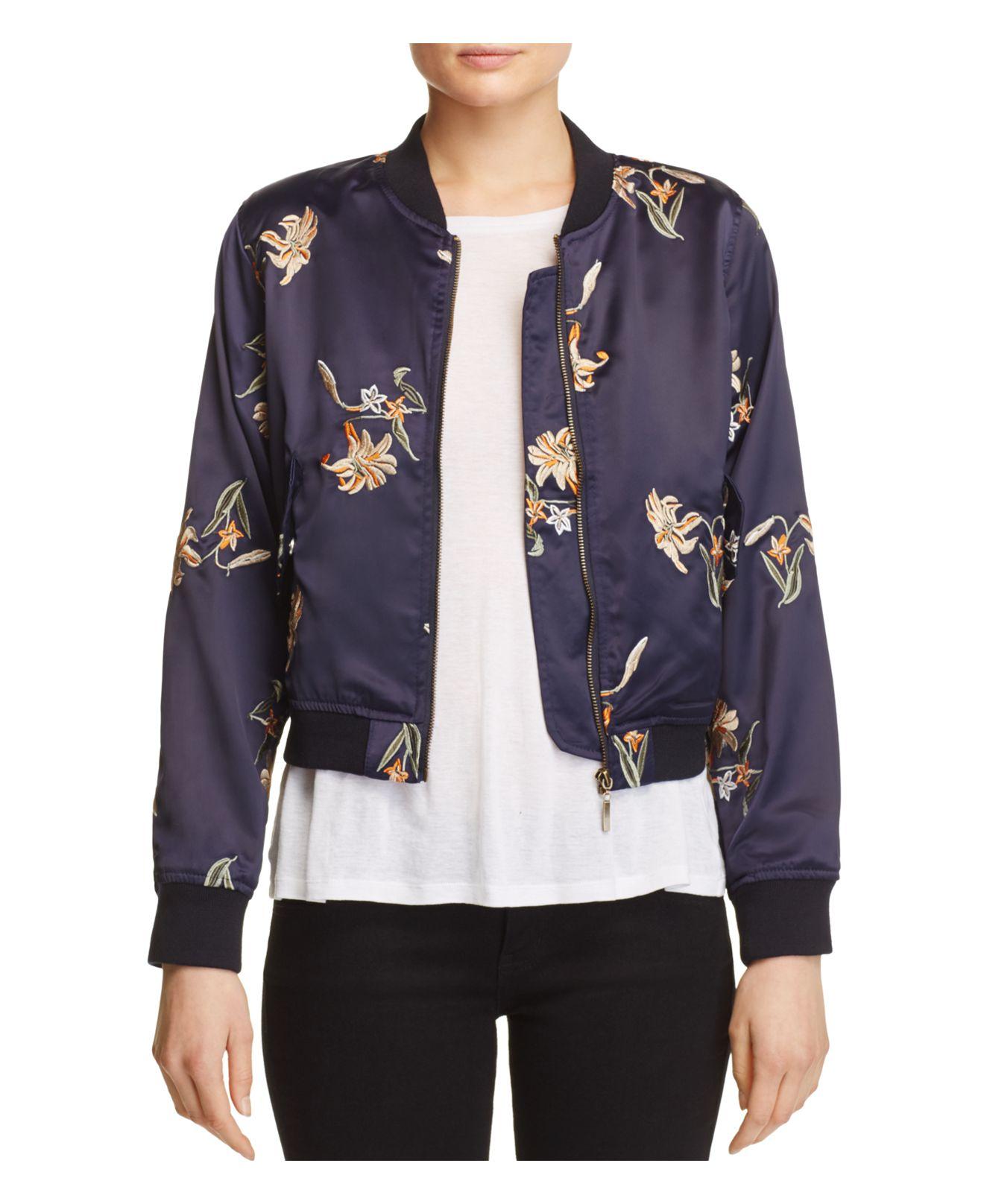 Aqua Satin Embroidered Floral Bomber Jacket in Navy (Blue) - Lyst