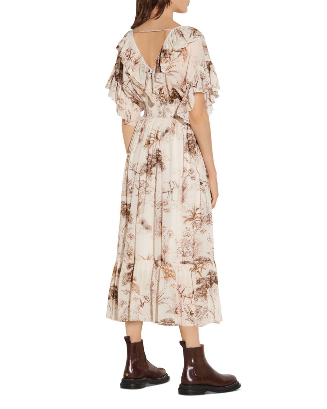Sandro Synthetic Jolay Printed Ruffled Dress in Natural | Lyst
