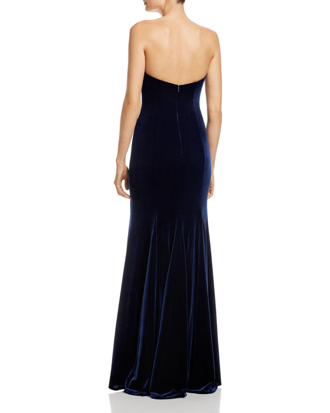 aqua asymmetric strapless velvet gown