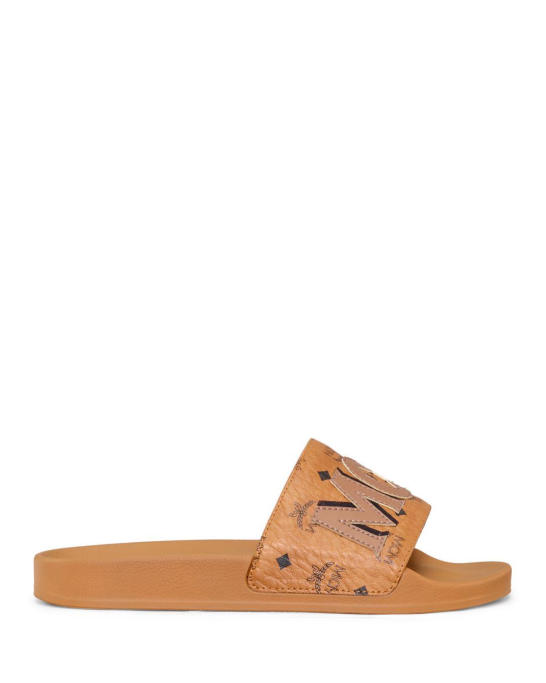 MCM Synthetic Women's Visetos Patch Slide Sandals in Cognac (Brown) - Lyst