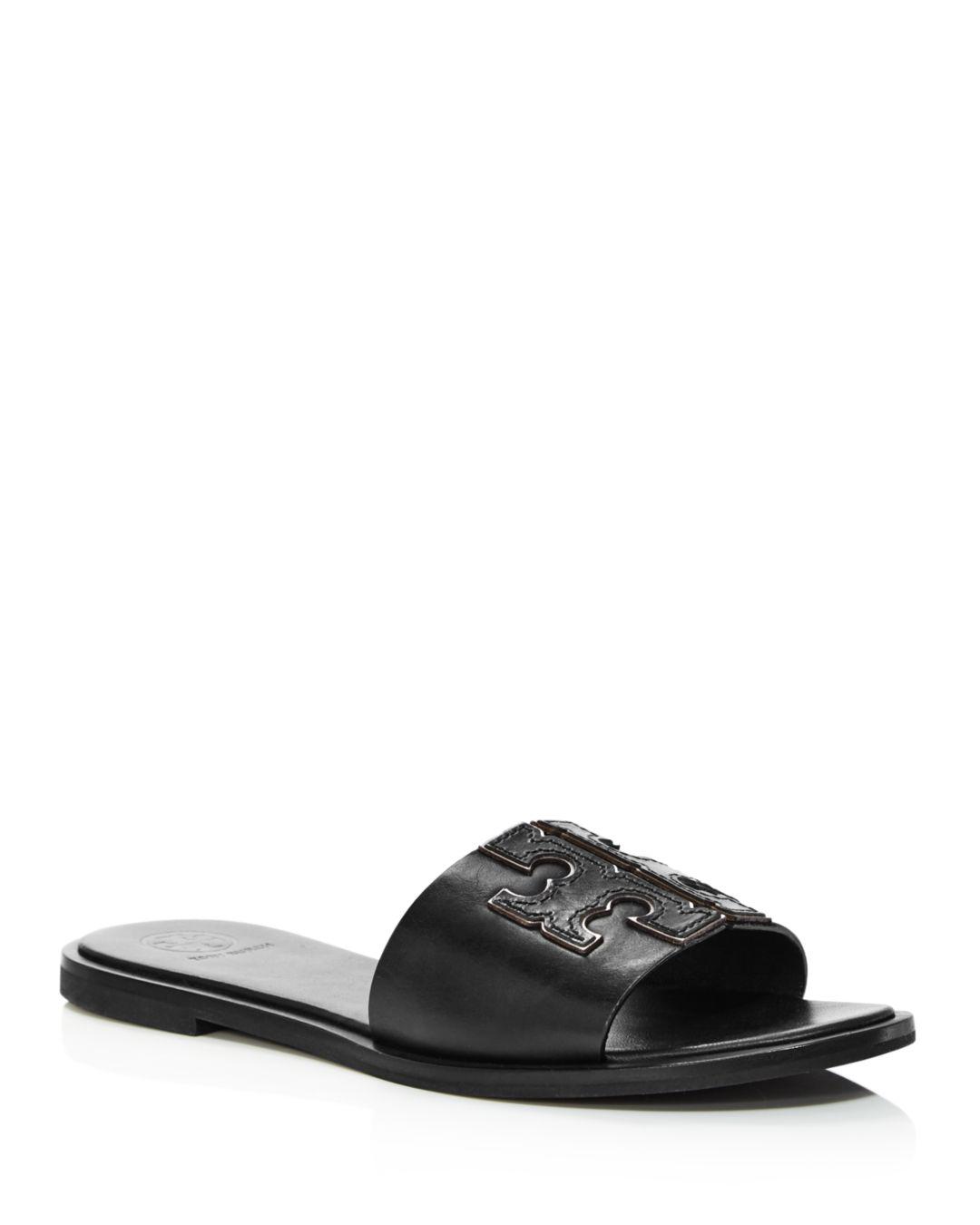 Tory Burch Leather Ines Flat Slide Sandals in Black/Silver (Black ...