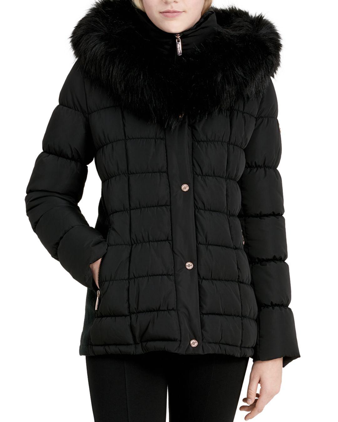 Calvin Klein Faux Fur Trim Puffer Coat in Black - Lyst