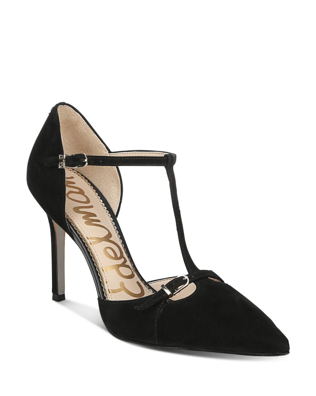 black suede t strap pumps