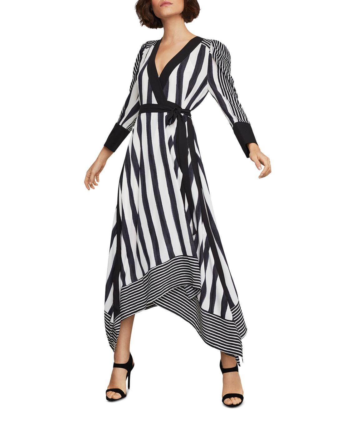 BCBGMAXAZRIA Synthetic Stripe Faux Wrap Dress in Black White (Black) - Lyst