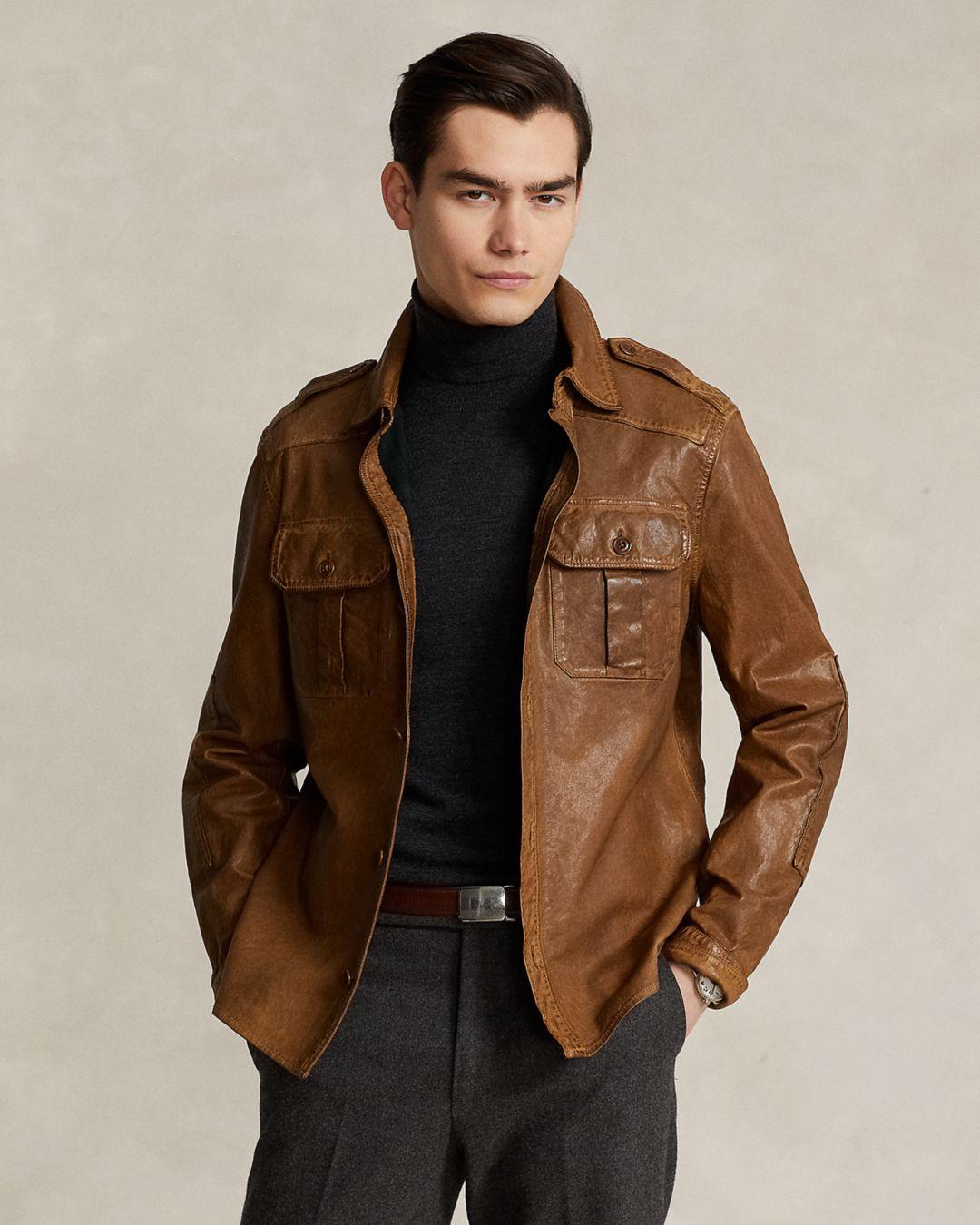 Polo Ralph Lauren Washed Leather Utility Jacket in Brown for Men | Lyst