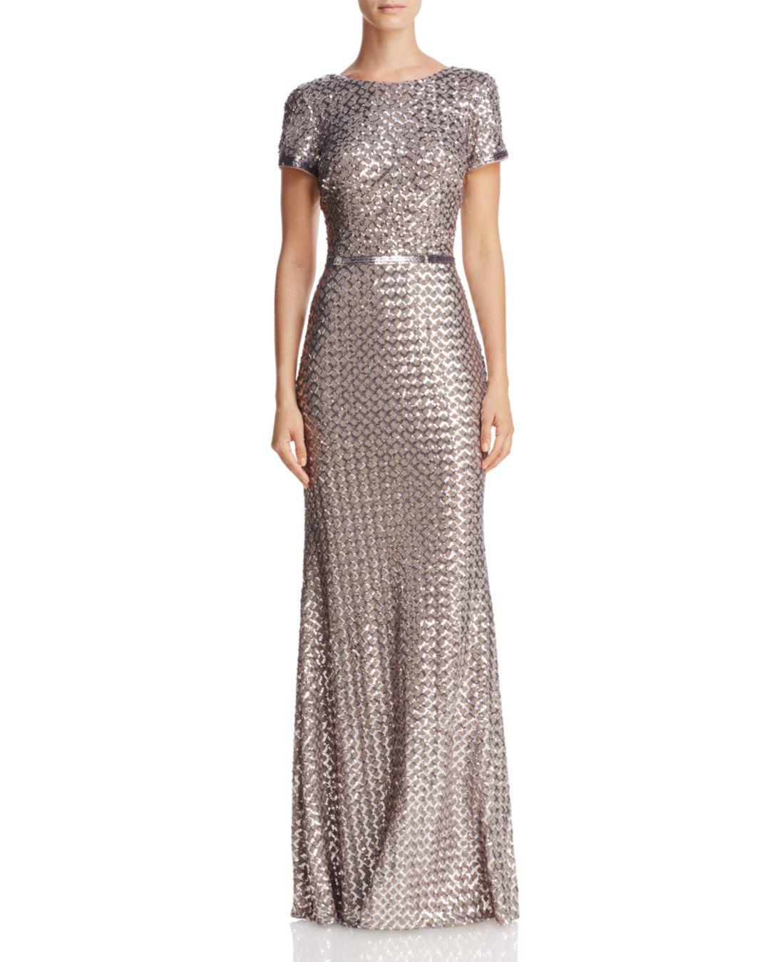 Aqua Belted Sequin Gown in Metallic Lyst