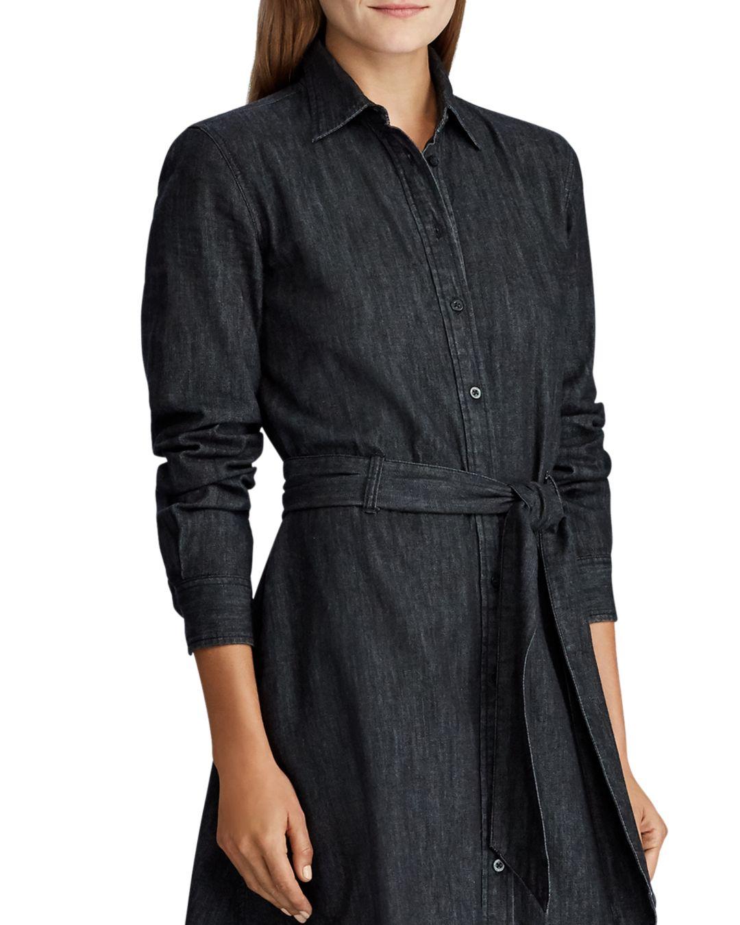 Ralph Lauren Lauren Denim Belted Shirt Dress in Black | Lyst