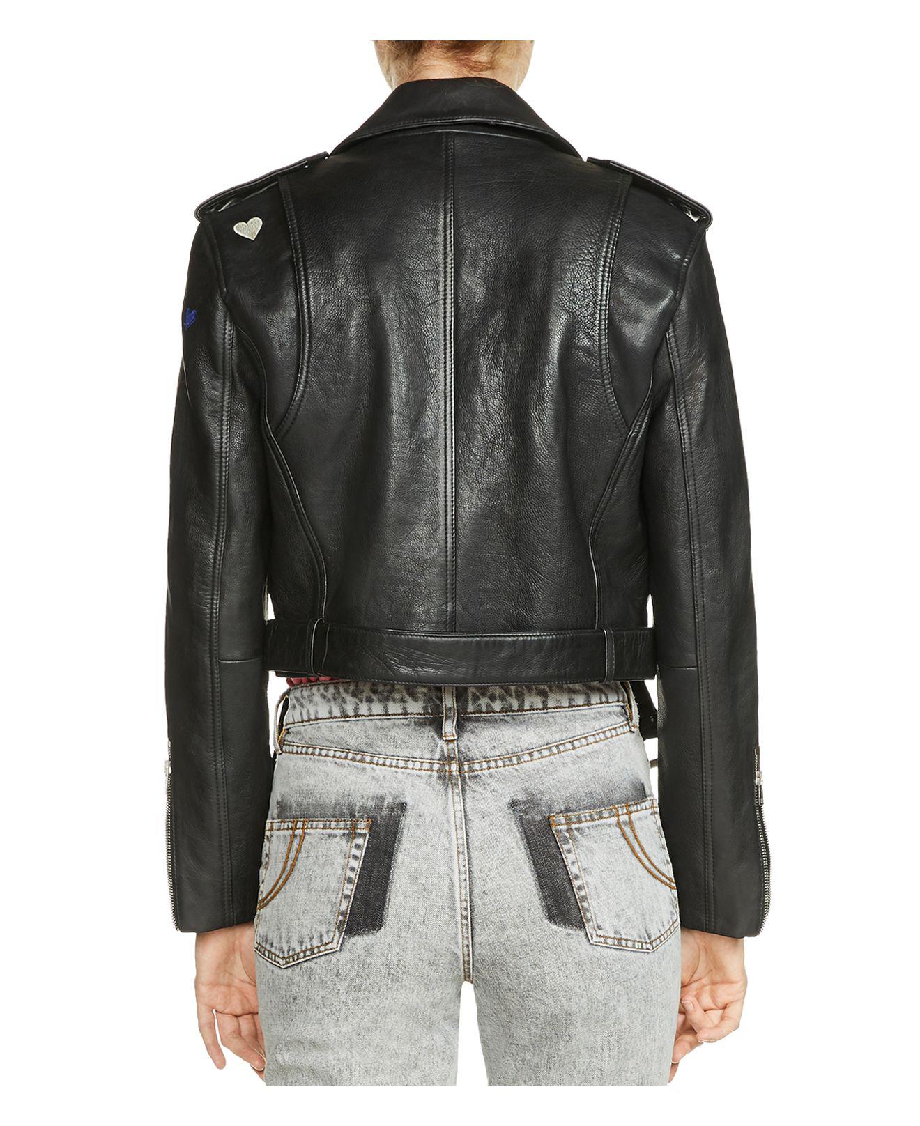 Maje Bicoeur Embroidered Leather Jacket in Black | Lyst
