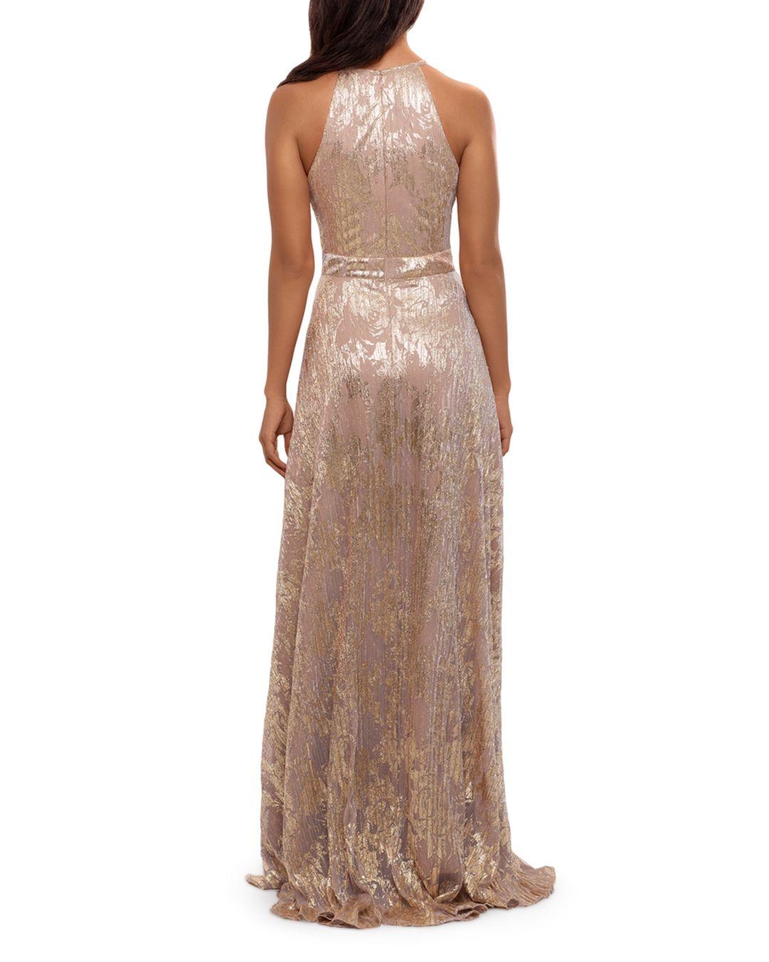 Aqua Synthetic Foil Knit Halter Gown in 