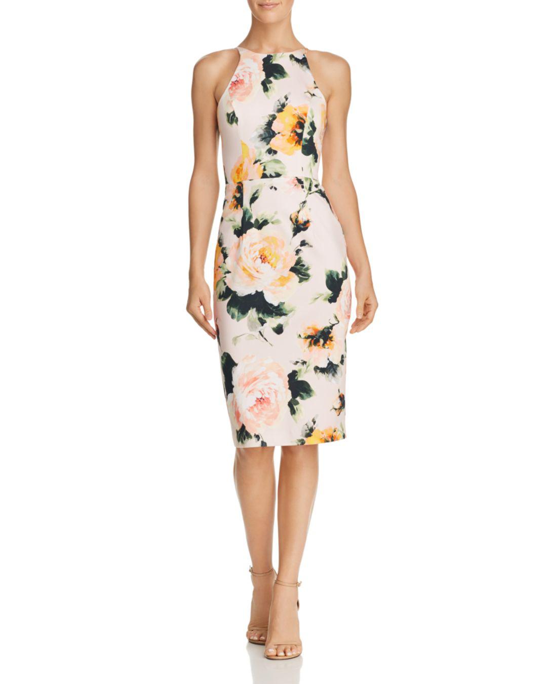 black halo floral sheath dress