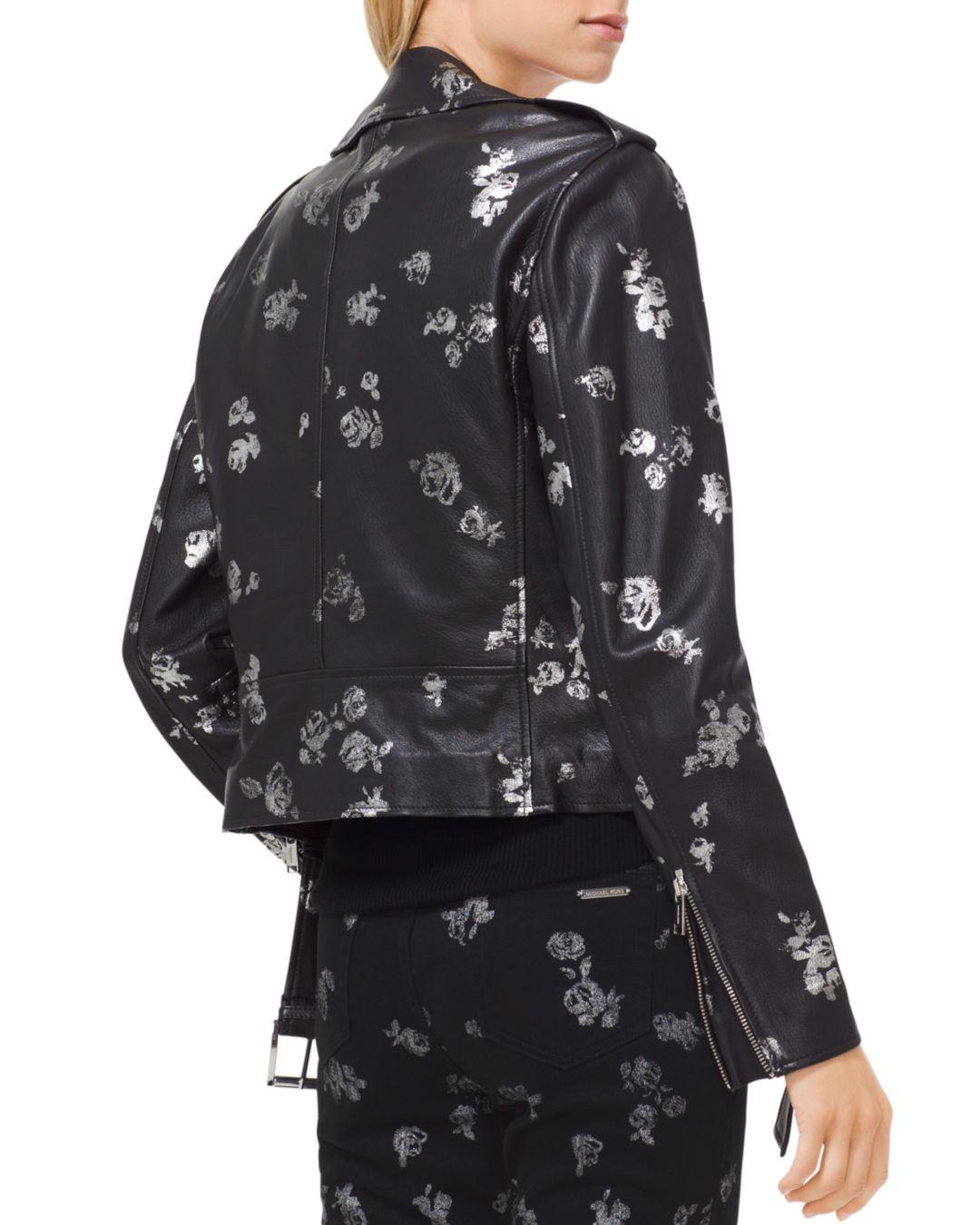 MICHAEL Michael Kors Metallic Rose Print Leather Moto Jacket in 