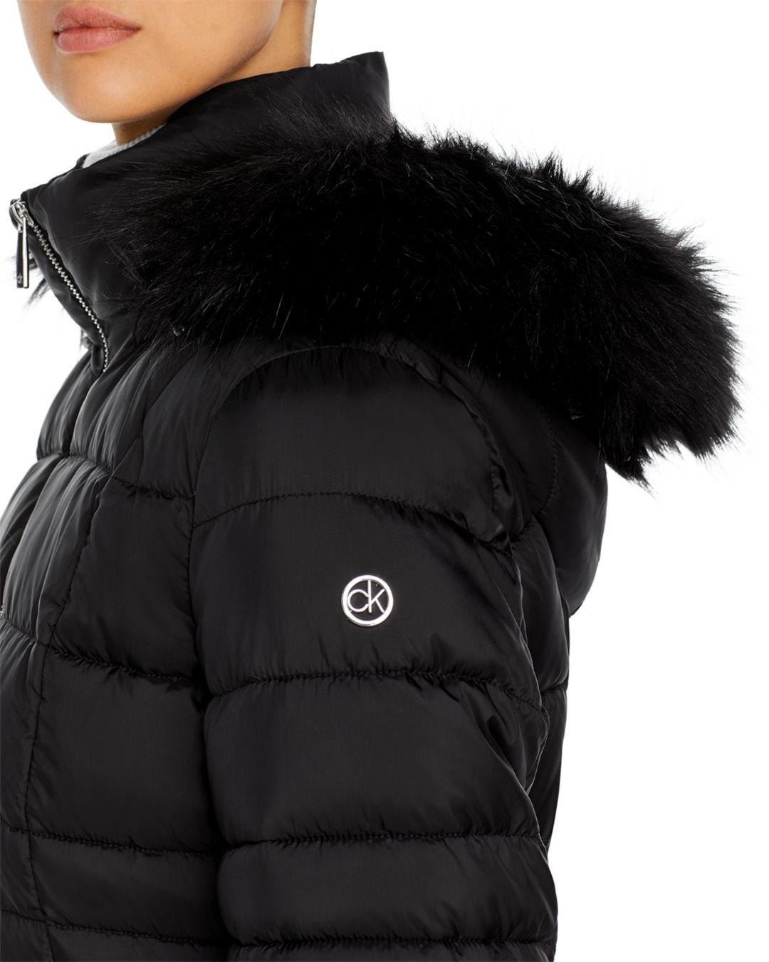 Calvin Klein Synthetic Hooded Faux Fur Trim Puffer Coat in Black - Lyst