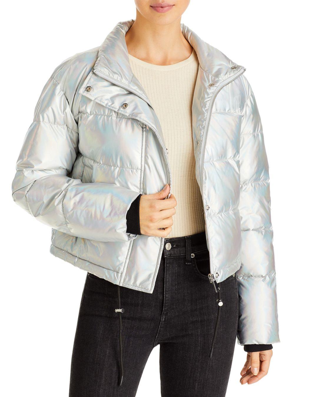 Aqua Synthetic Iridescent Cropped Puffer Jacket in Gray | Lyst
