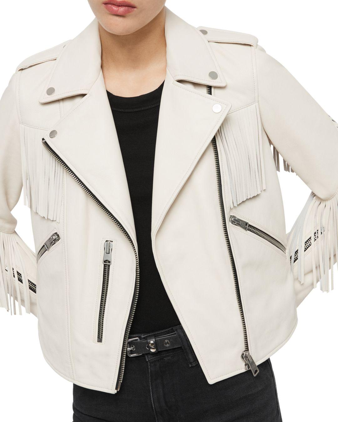 AllSaints X Fringe - Trim Leather Biker Jacket in White | Lyst