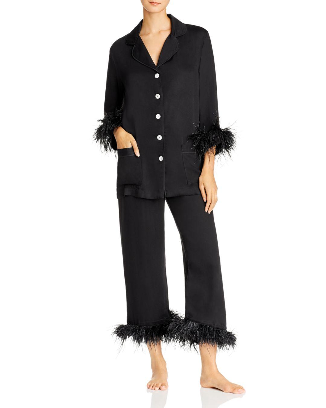 Sleeper Black Tie Feather Trim Pajama Set Lyst