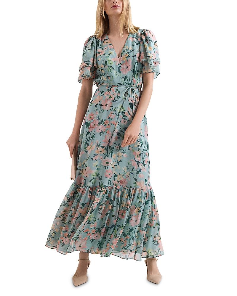 phase eight green dress Phase Eight Haisley Leaf Print Ruffle Silk Rich Dress, Mid Green