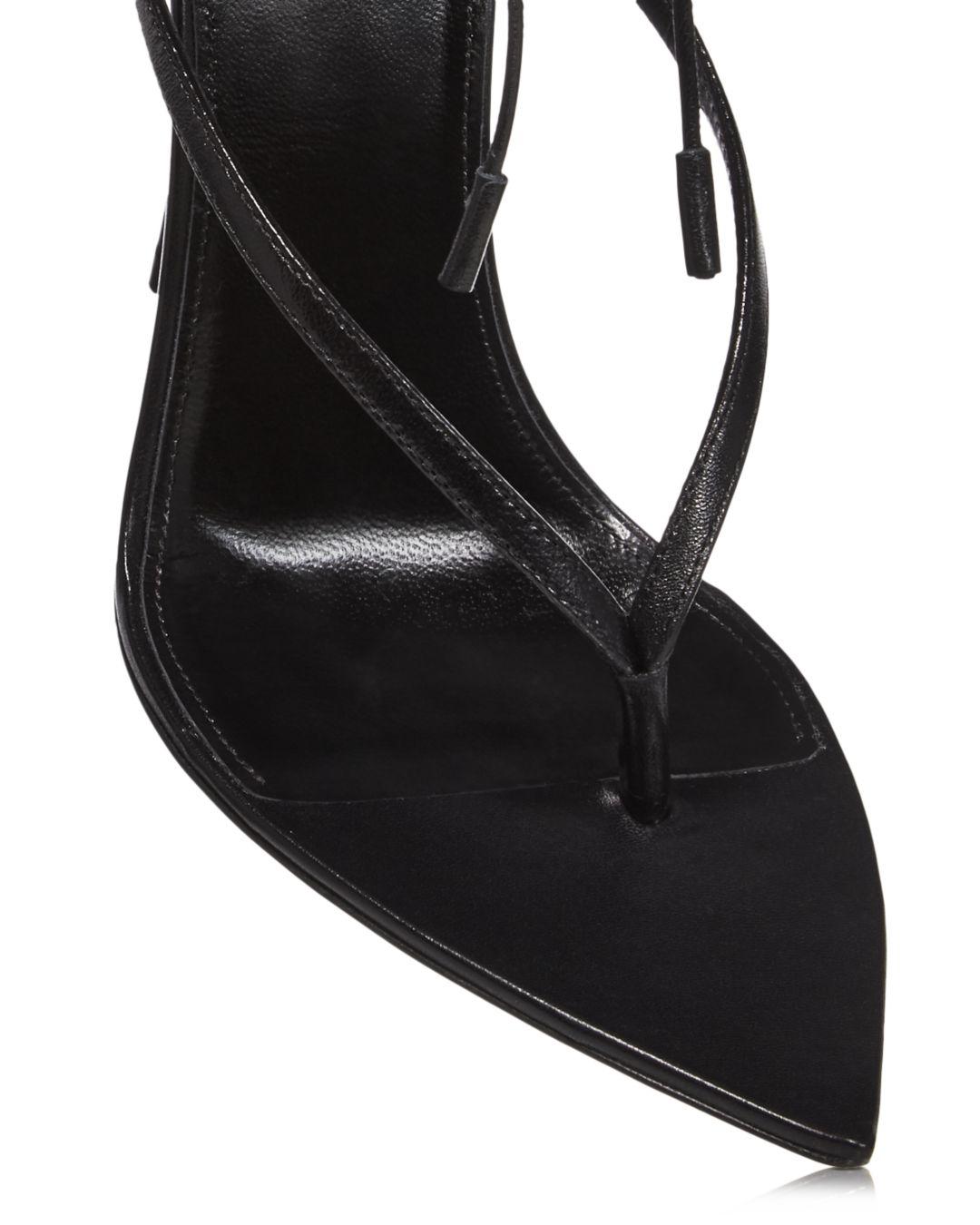 Saint Laurent Instinct Pointed Toe Feather Trim High Heel Thong Sandals in  Black | Lyst