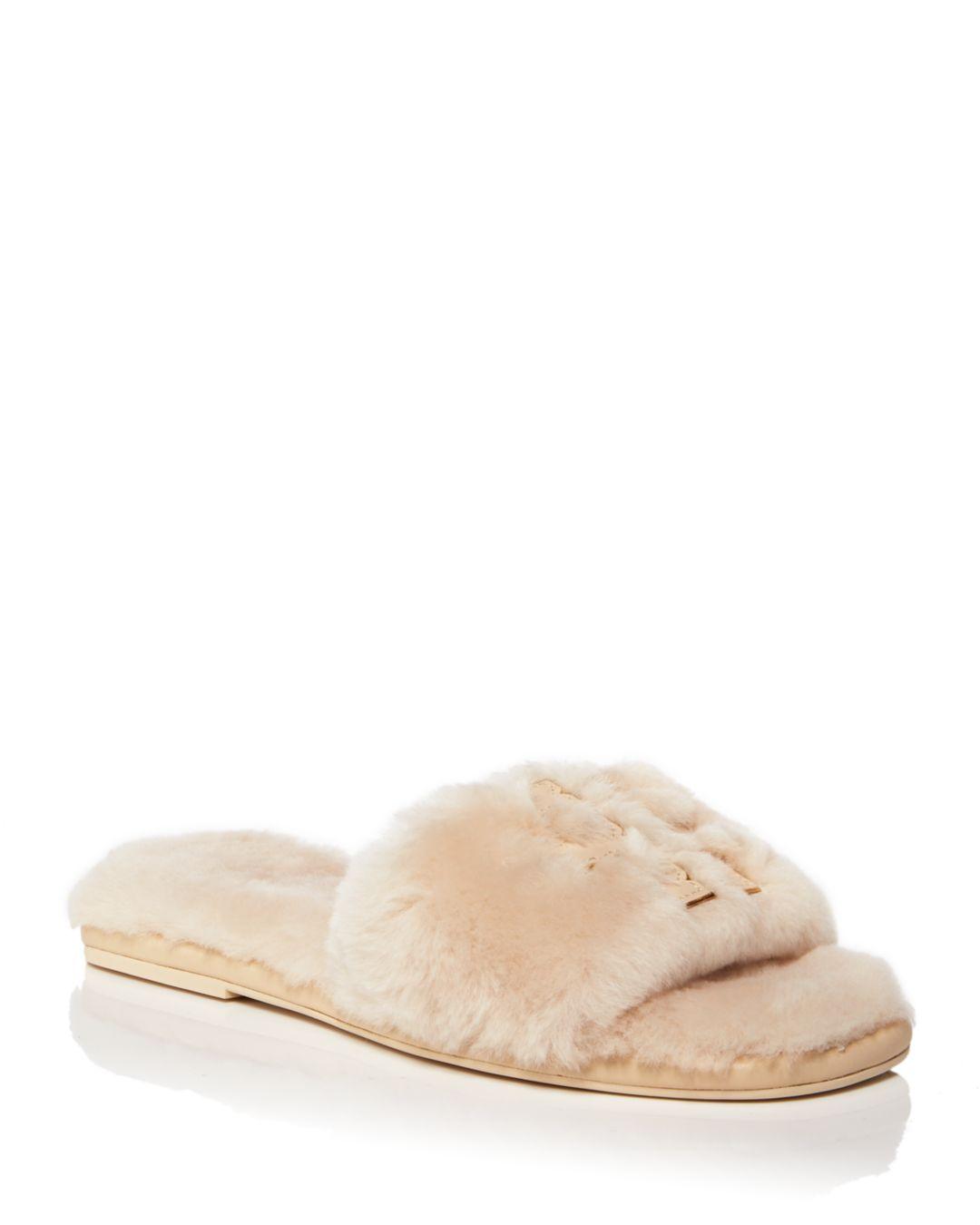 Tory Burch Double T Fluffy Slippers in Natural | Lyst