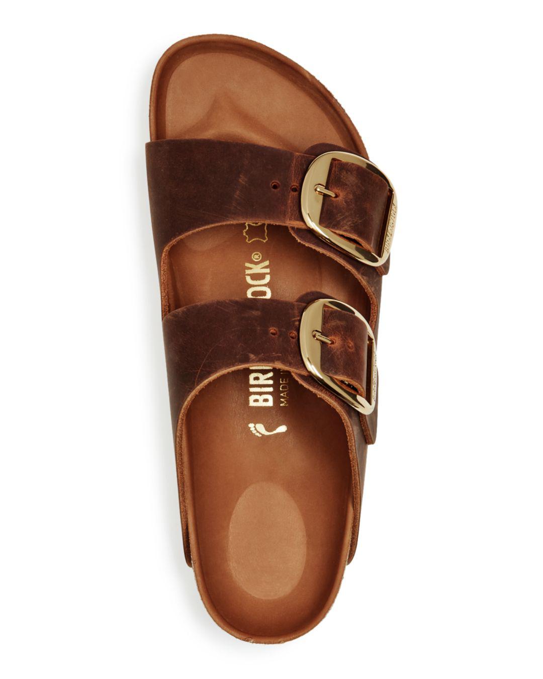 Birkenstock Leather Women's Arizona Big Buckle Slide Sandals in Brown Leather/Gold (Brown) - Lyst