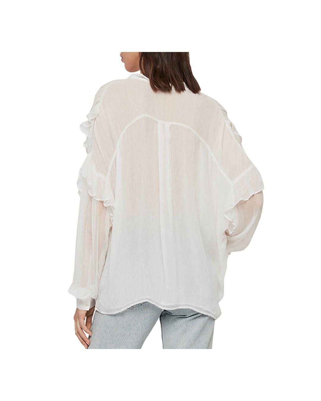Allsaints Denim Sofia Ruffled Tie Neck Top In Chalk White White Save 40 Lyst