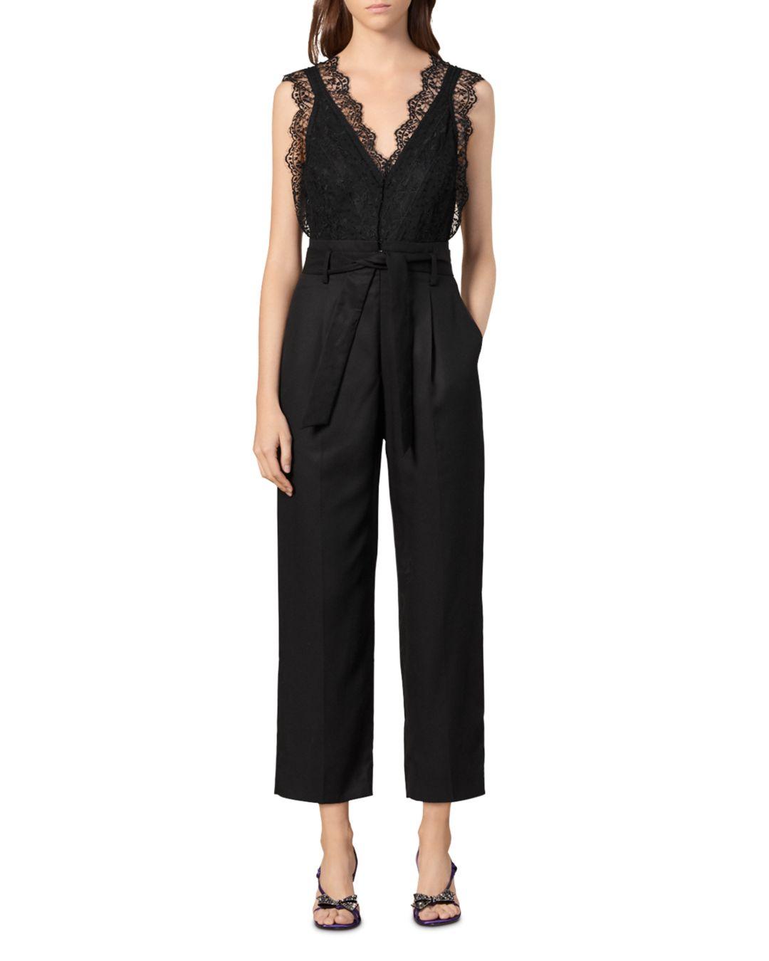 Sandro Alexis Belted Lace - Detail Jumpsuit in Black - Lyst