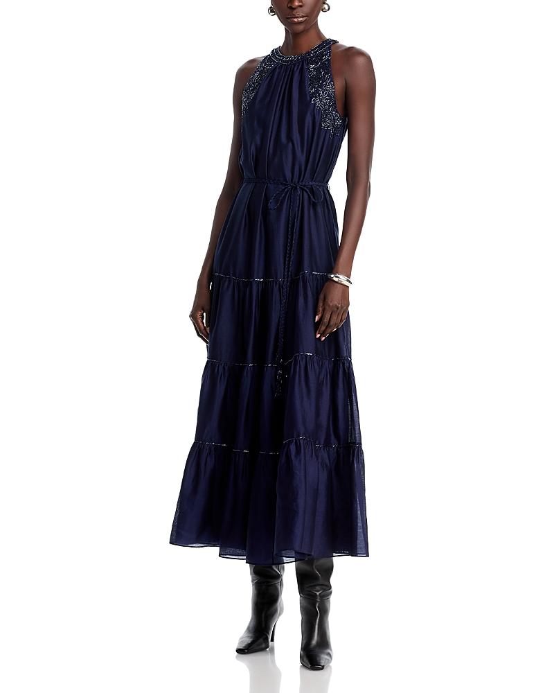 light blue dress with pearls Light Blue Satin Round Neck Ball Gown Prom Dresses PL397 main image 0