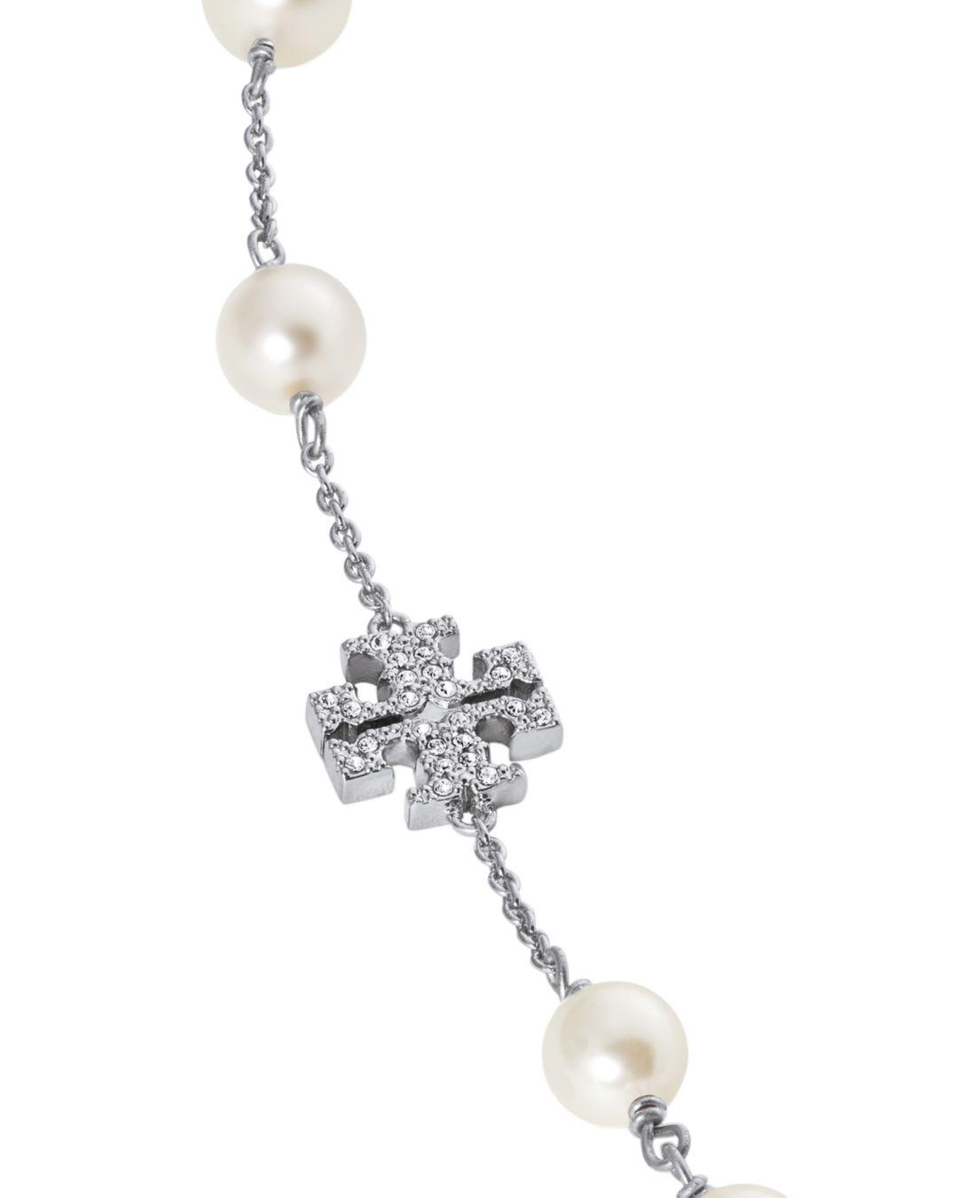 Tory Burch Crystal Logo & Simulated Pearl Necklace in Silver (Metallic