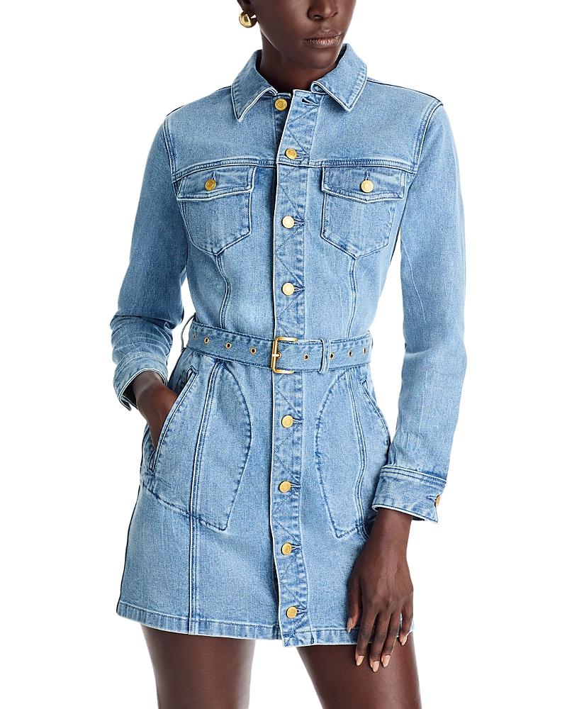 bloomingdales denim dress Bloomingdales Vintage Blue Denim Long Straight Dress With Leather Collar Size 8
