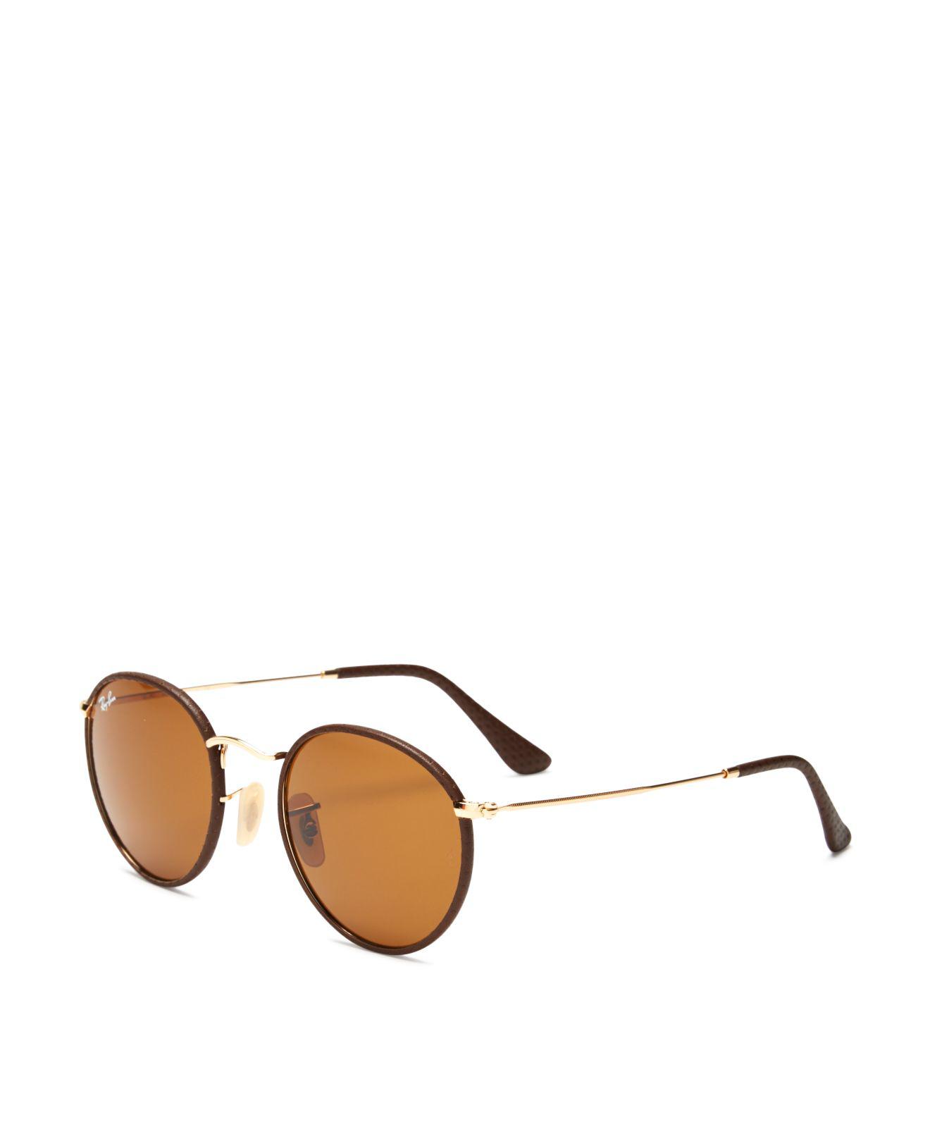 RayBan Leatherwrapped Round Sunglasses in Brown Lyst