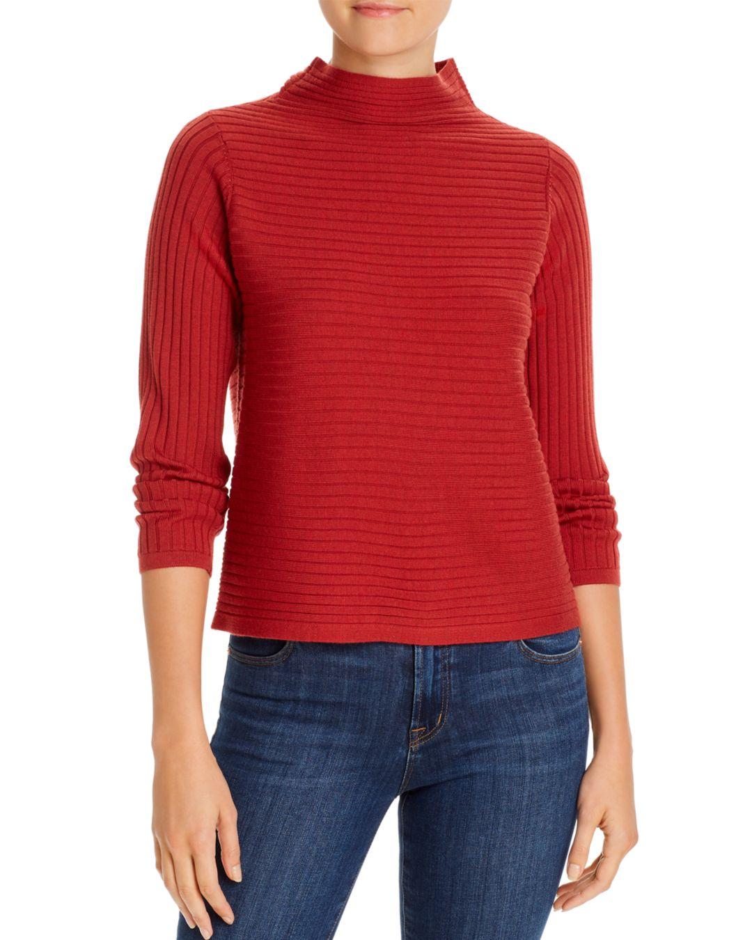 Eileen Fisher Wool Ribbed Funnel Neck Sweater in Red Lyst