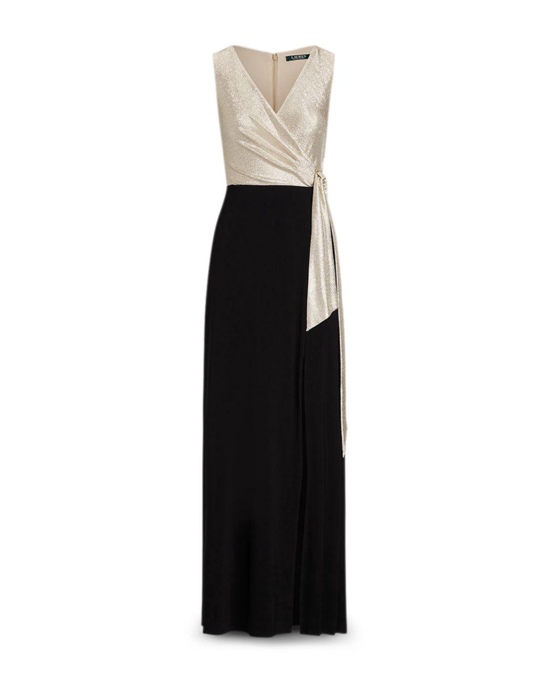 Ralph Lauren Lauren Metallic Bodice Crossover Gown in Black | Lyst
