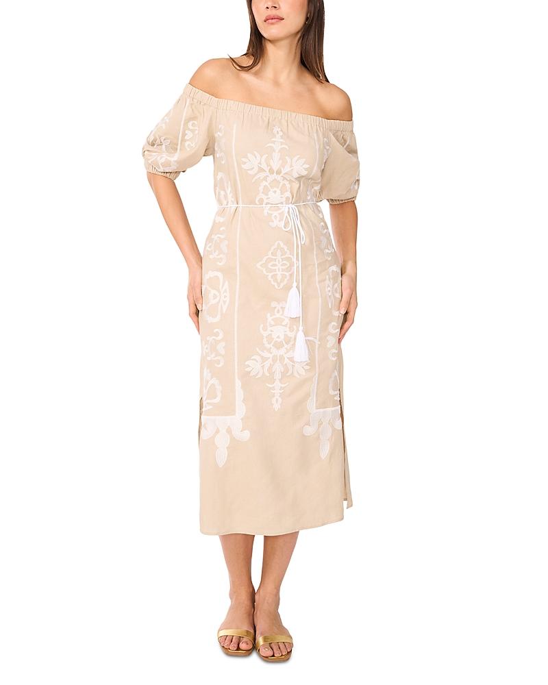 Vince Camuto Off The Shoulder Tassel Tie Midi Dress in Natural | Lyst Vince Camuto Off The Shoulder Tassel Tie Midi Dress in Natural | Lyst