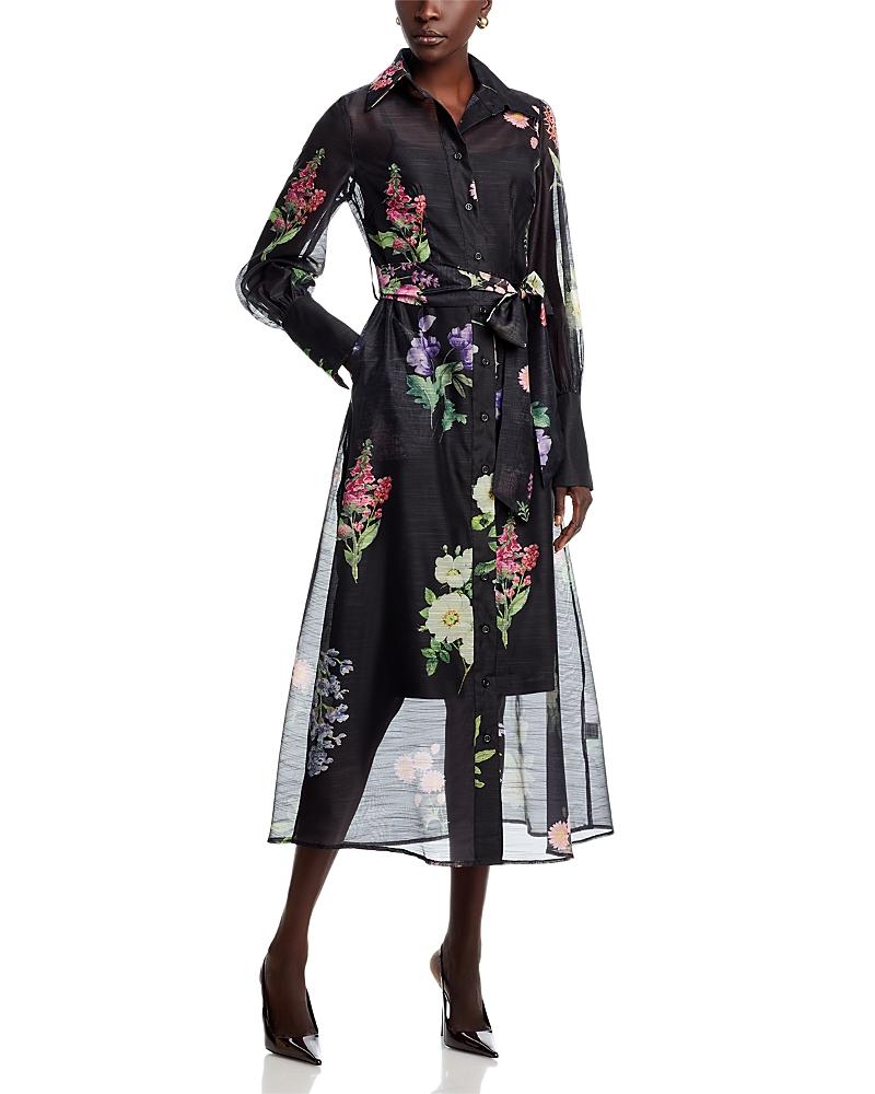 nancy yang ruffled sheer sleeve dress Nancy Yang Sheer Floral Button Front Dress in Black