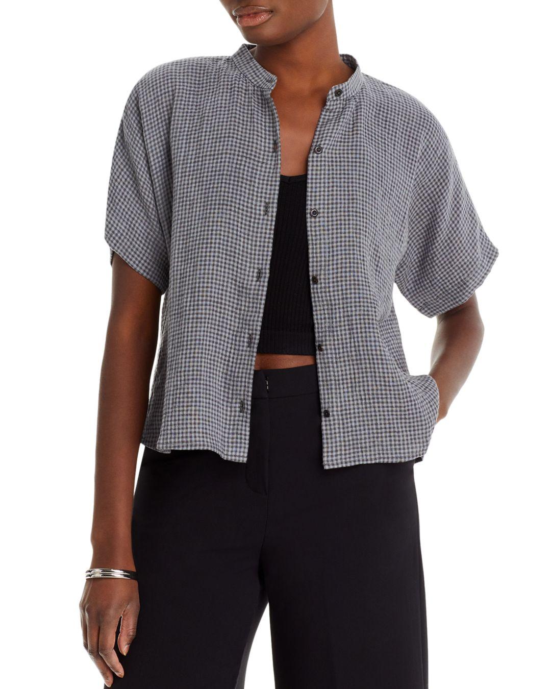 Eileen Fisher Organic Linen Mandarin Collar Shirt in Gray | Lyst