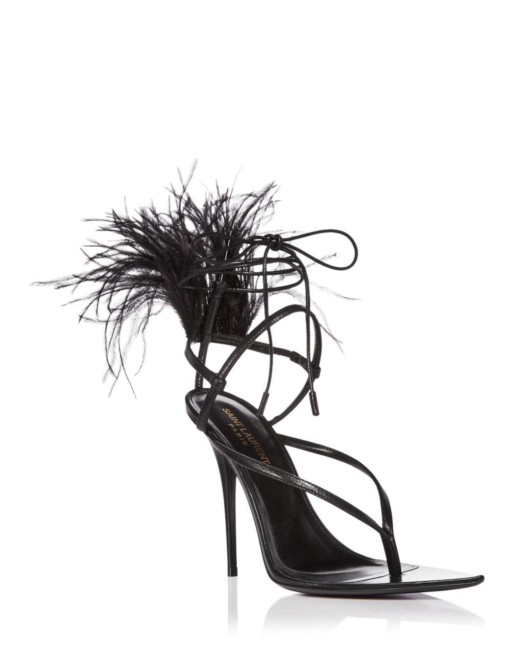 Saint Laurent Leather Instinct Pointed Toe Feather Trim High Heel Thong  Sandals in Nero (Black) - Lyst
