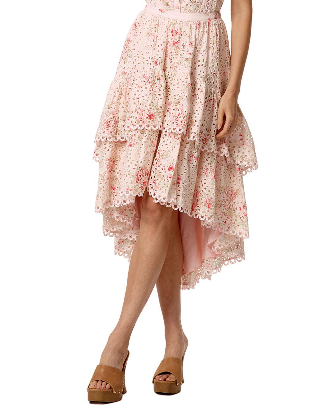 Stellah Eyelet Tiered High Low Skirt In Pink Lyst