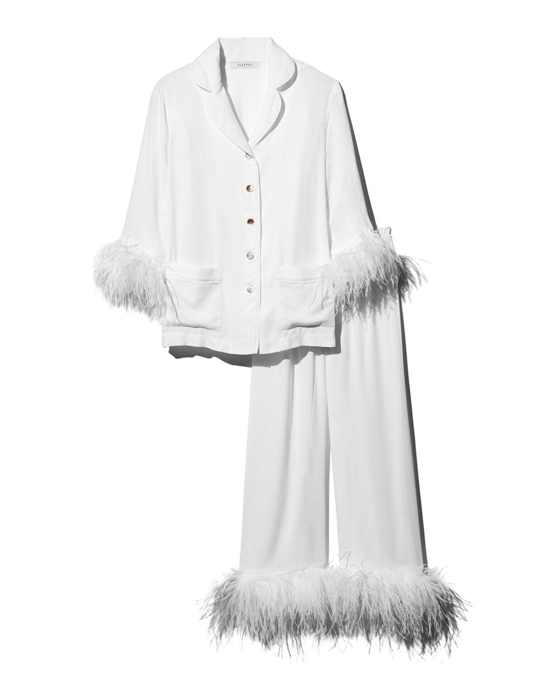 Sleeper Feather Trim Pajama Set in White | Lyst Canada