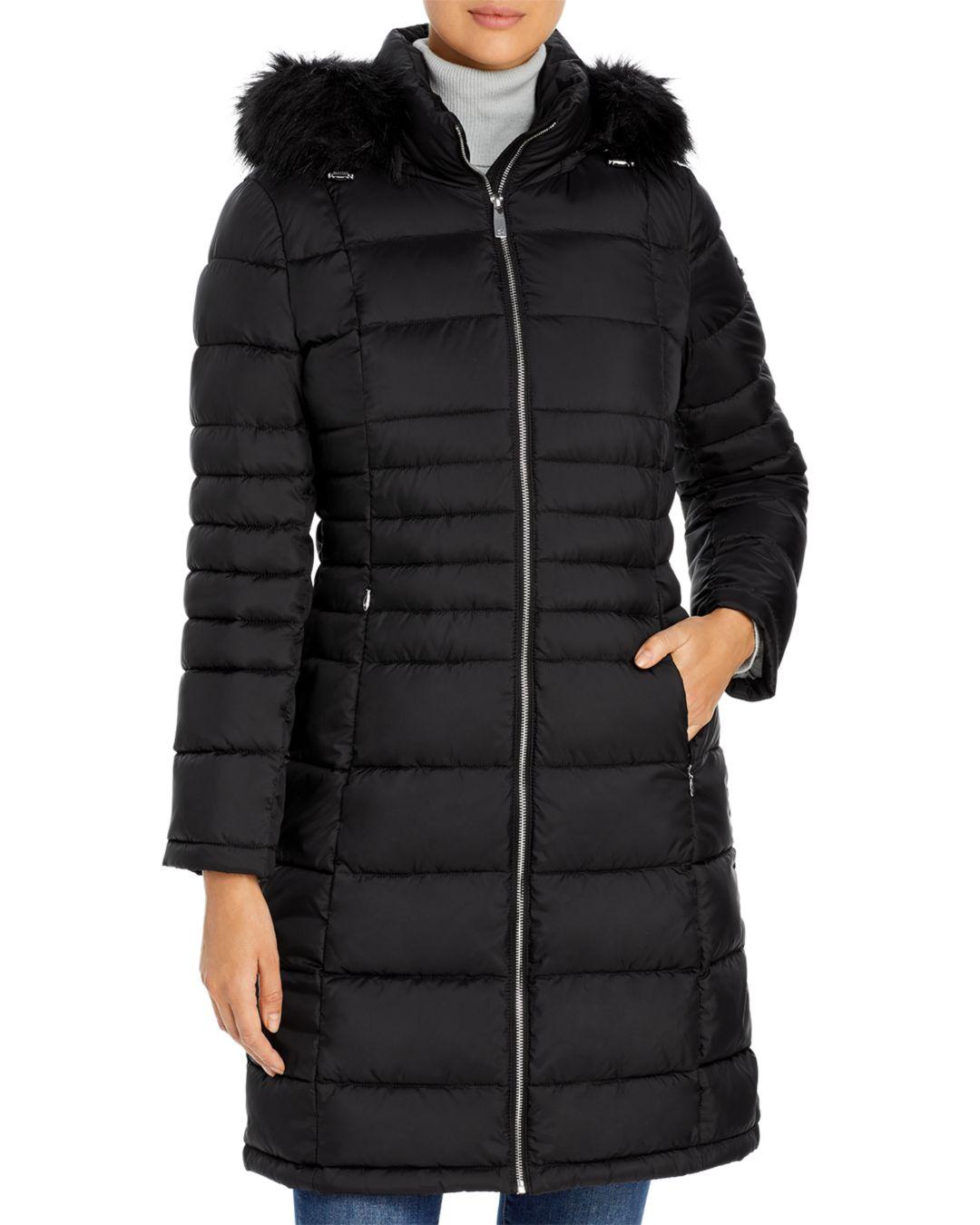 Calvin Klein Synthetic Hooded Faux Fur Trim Puffer Coat in Black Lyst