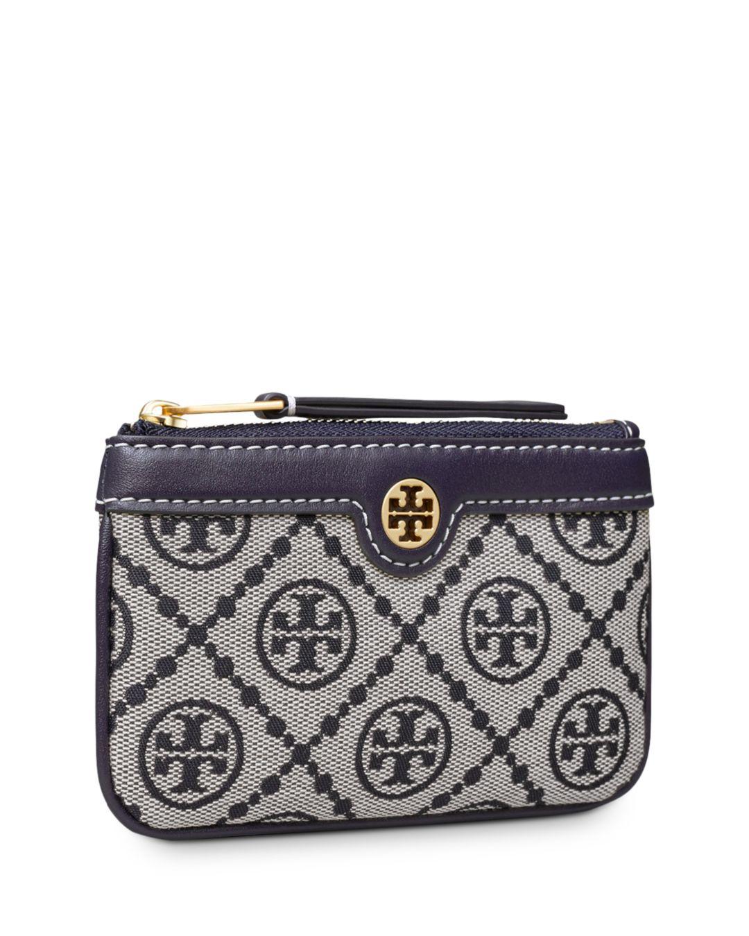 Tory Burch Leather T Monogram Card Case Key Ring in Navy Blue 